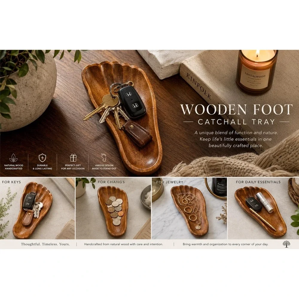 Hand Carved Wooden Foot Catchall Tray | Rustic Boho Trinket Dish, Key Holder